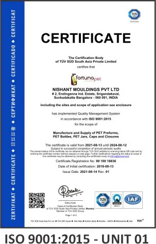 ISO 9001:2015 — Unit 01, Bangalore